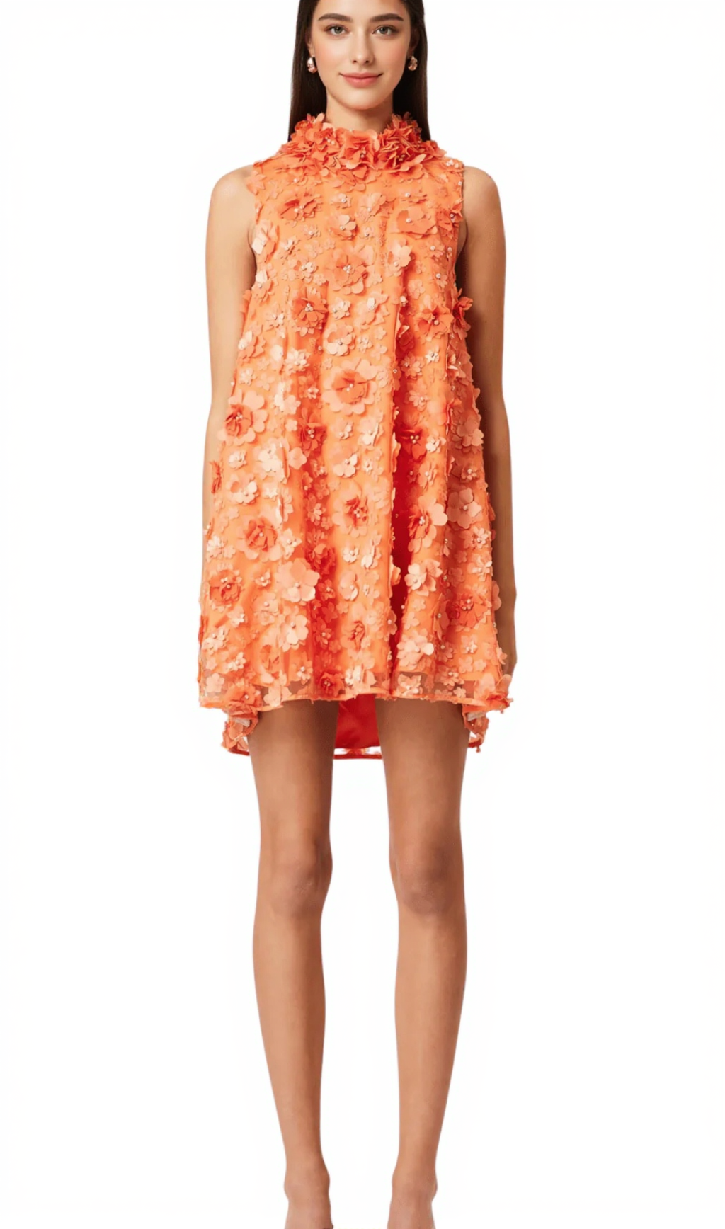 Trapezkleid mit 3D-Blumenmuster und Glockenblumenmuster in Orange