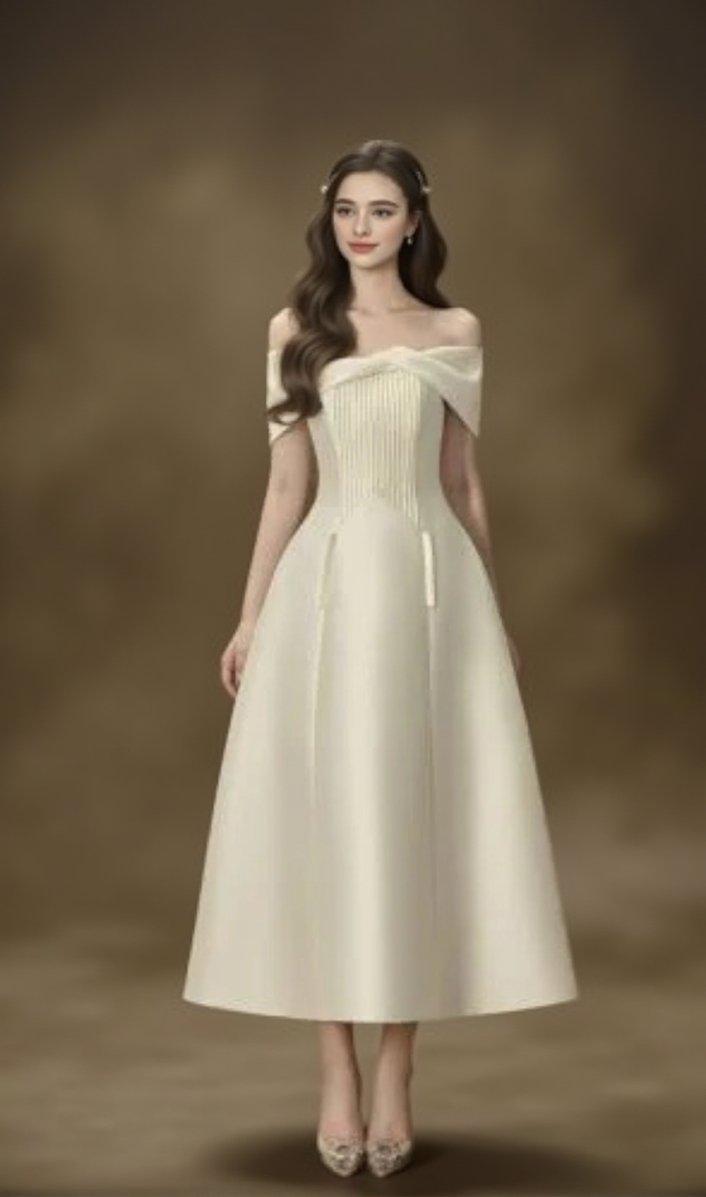 HEBERA A-LINE OFF-SHOULDER MIDI DRESS IN CREAM