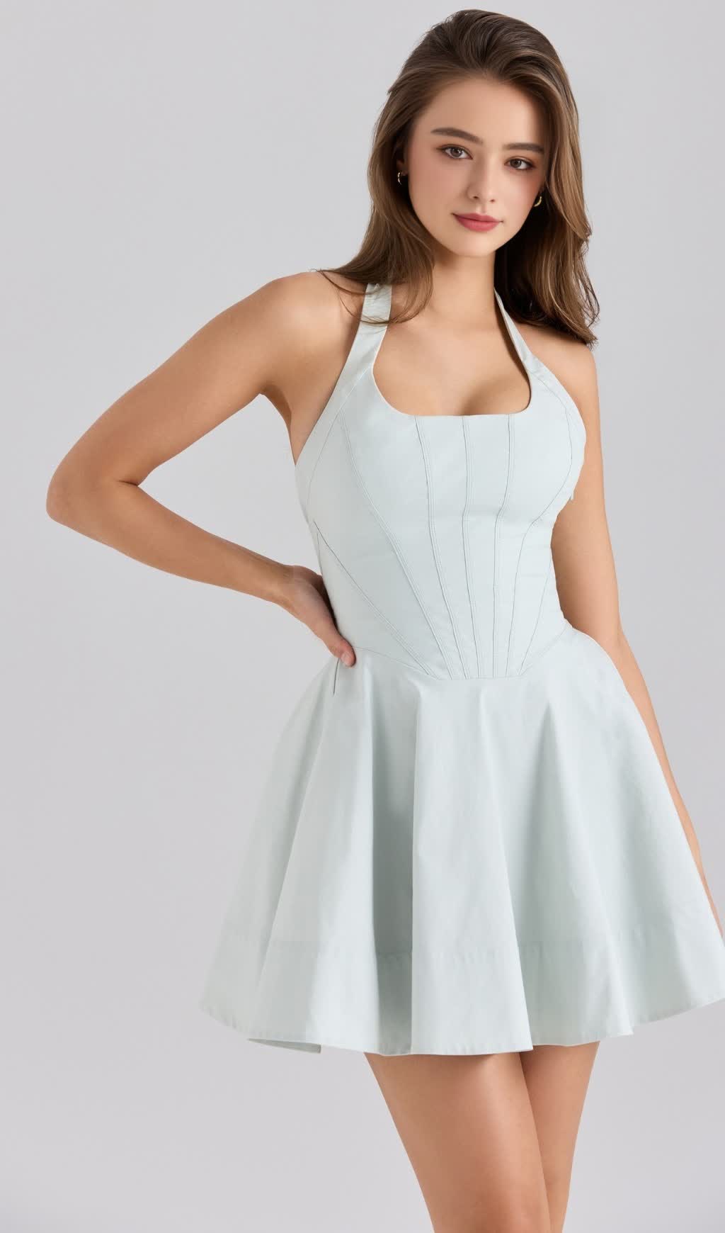 GREEN PISTACHIO STRETCH COTTON HALTER NECK MINI DRESS