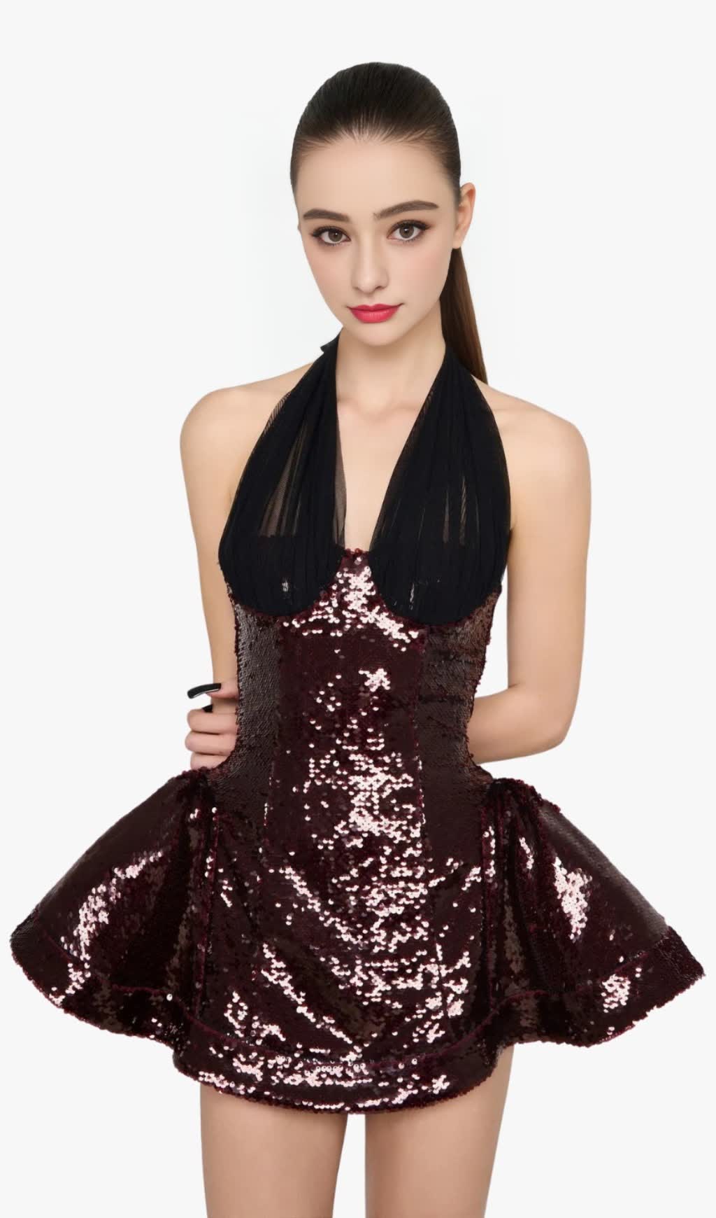 Giselle – Neckholder-Minikleid mit Pailletten in Merlot