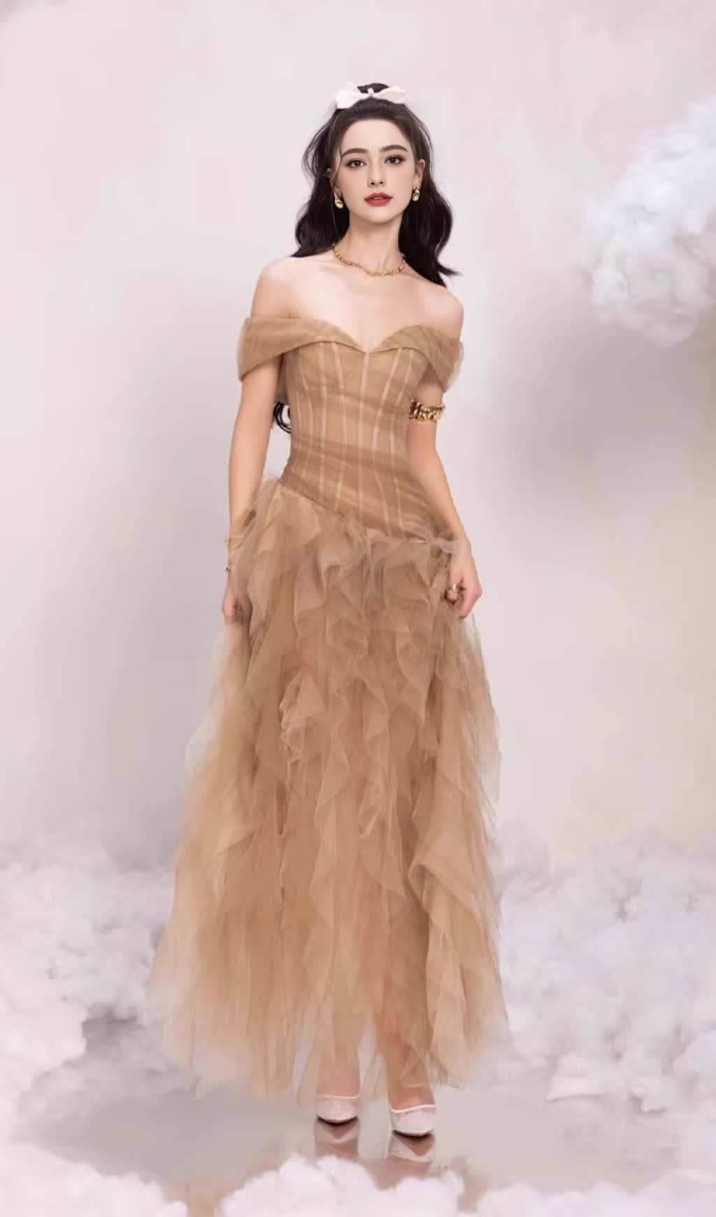 TOP TUBINO IN TULLE CON MOTIVO ONDULATO - ABITO LUNGO IN CACHI