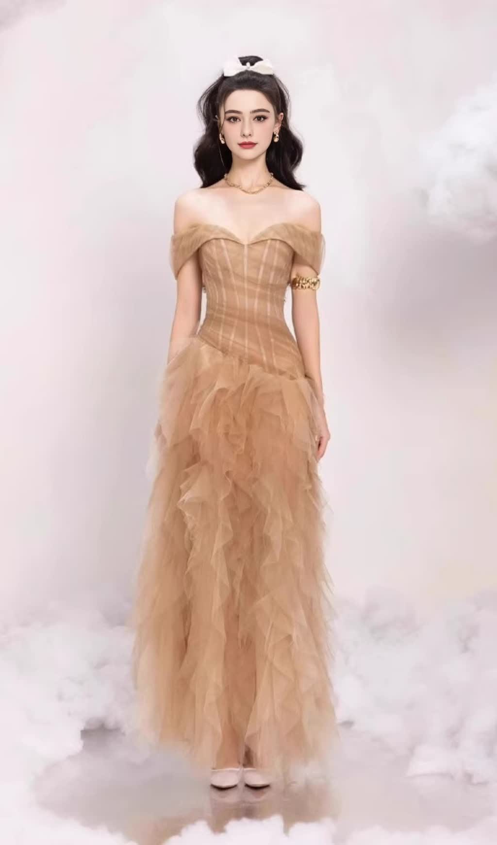 TOP TUBINO IN TULLE CON MOTIVO ONDULATO - ABITO LUNGO IN CACHI