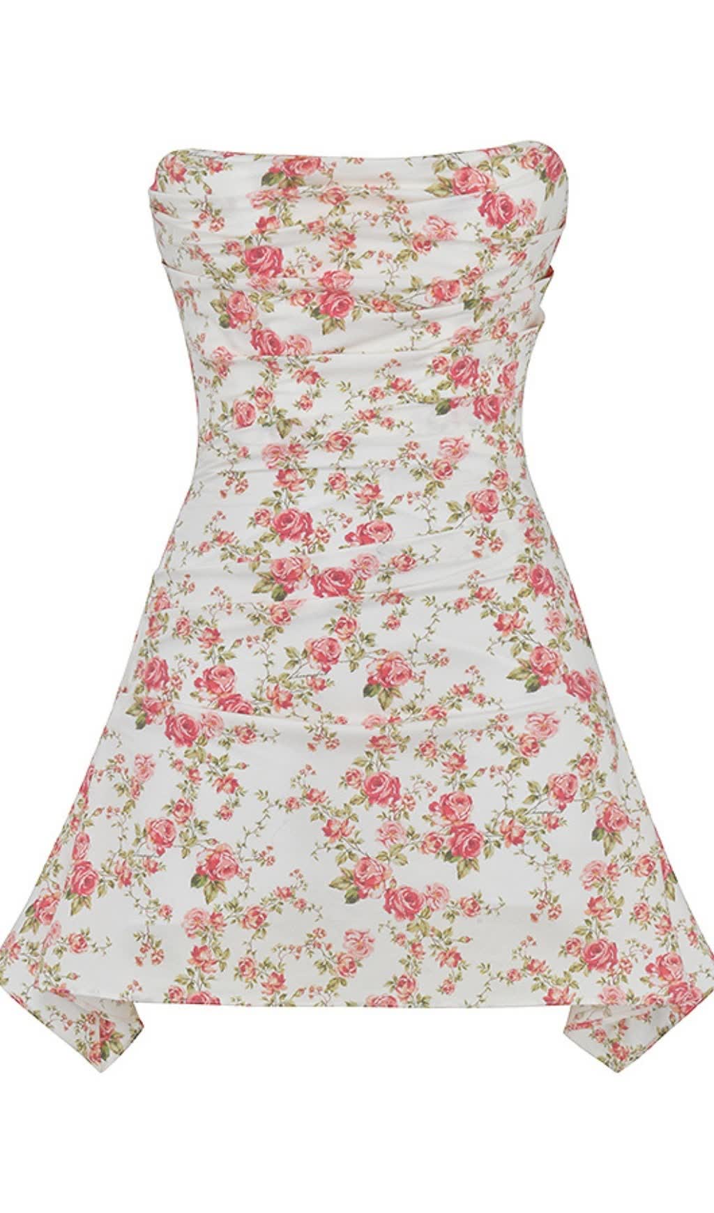 MINI ABITO SENZA SPALLINE DRAPPEGGIATO CON STAMPE FLOREALI