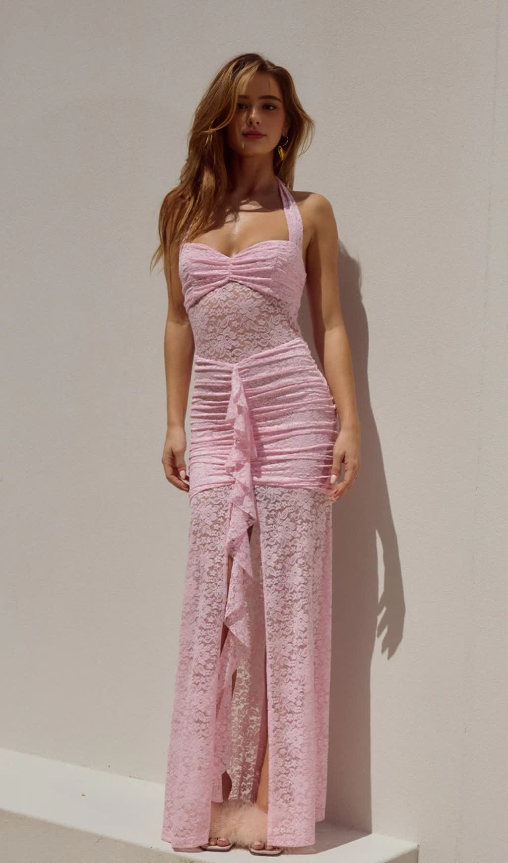 ABITO LUNGO IN PIZZO ROSA CON SCOLLO ALL'AMERICANO