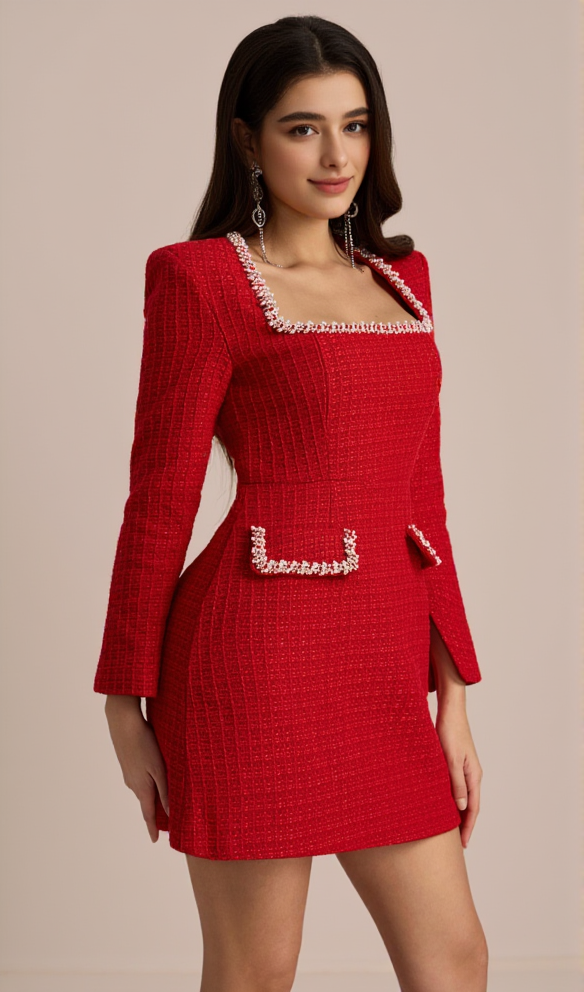 CAMILLA SQUARE NECK TWEED MINI DRESS