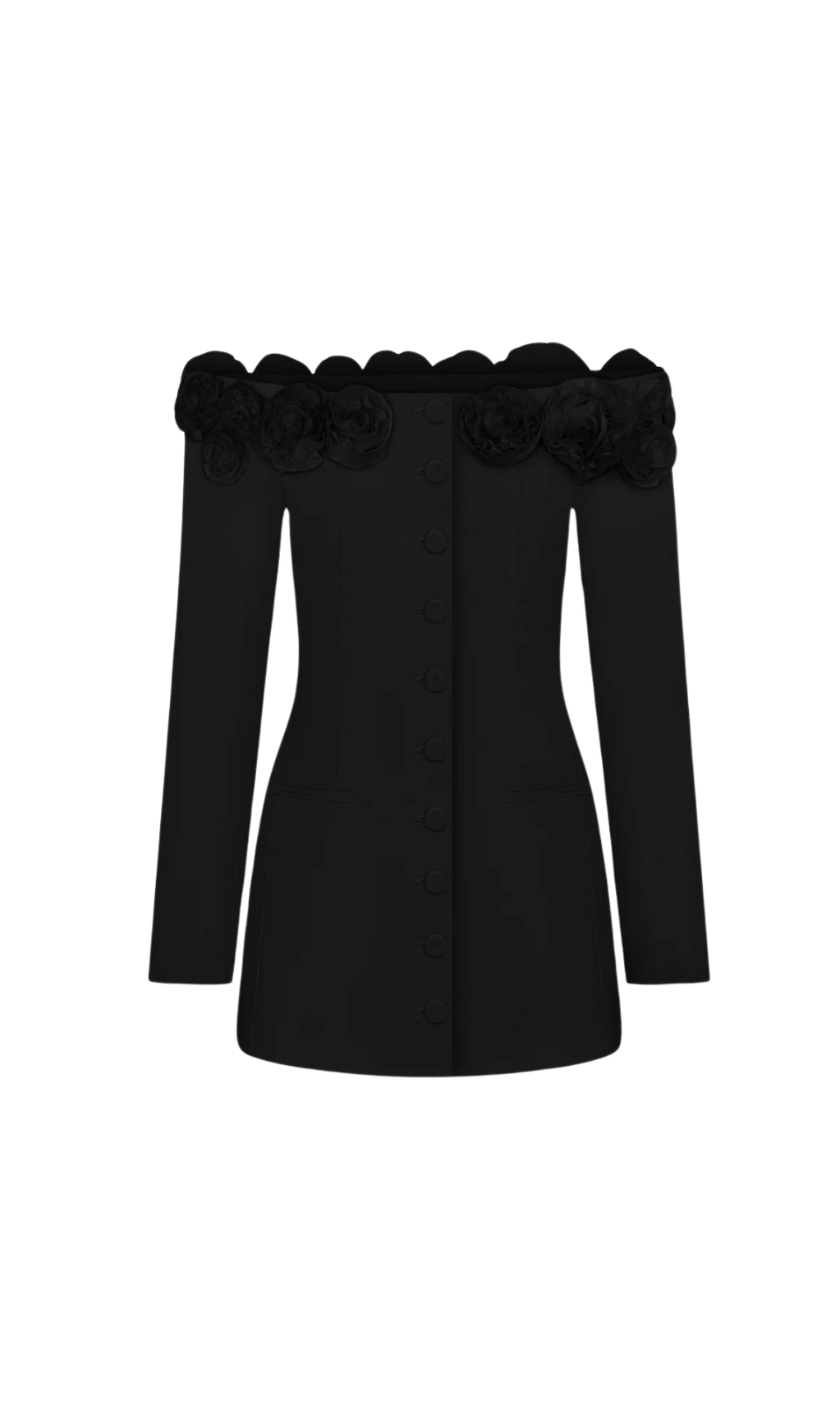 ERICA 3D FLORAL OFF-SHOULDER MINI DRESS IN BLACK