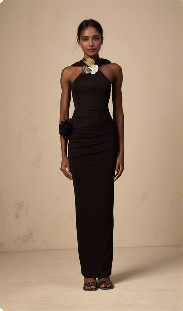 TAMMY METAL 3D FLOWER HOODED MIDI DRESS IN BLACK