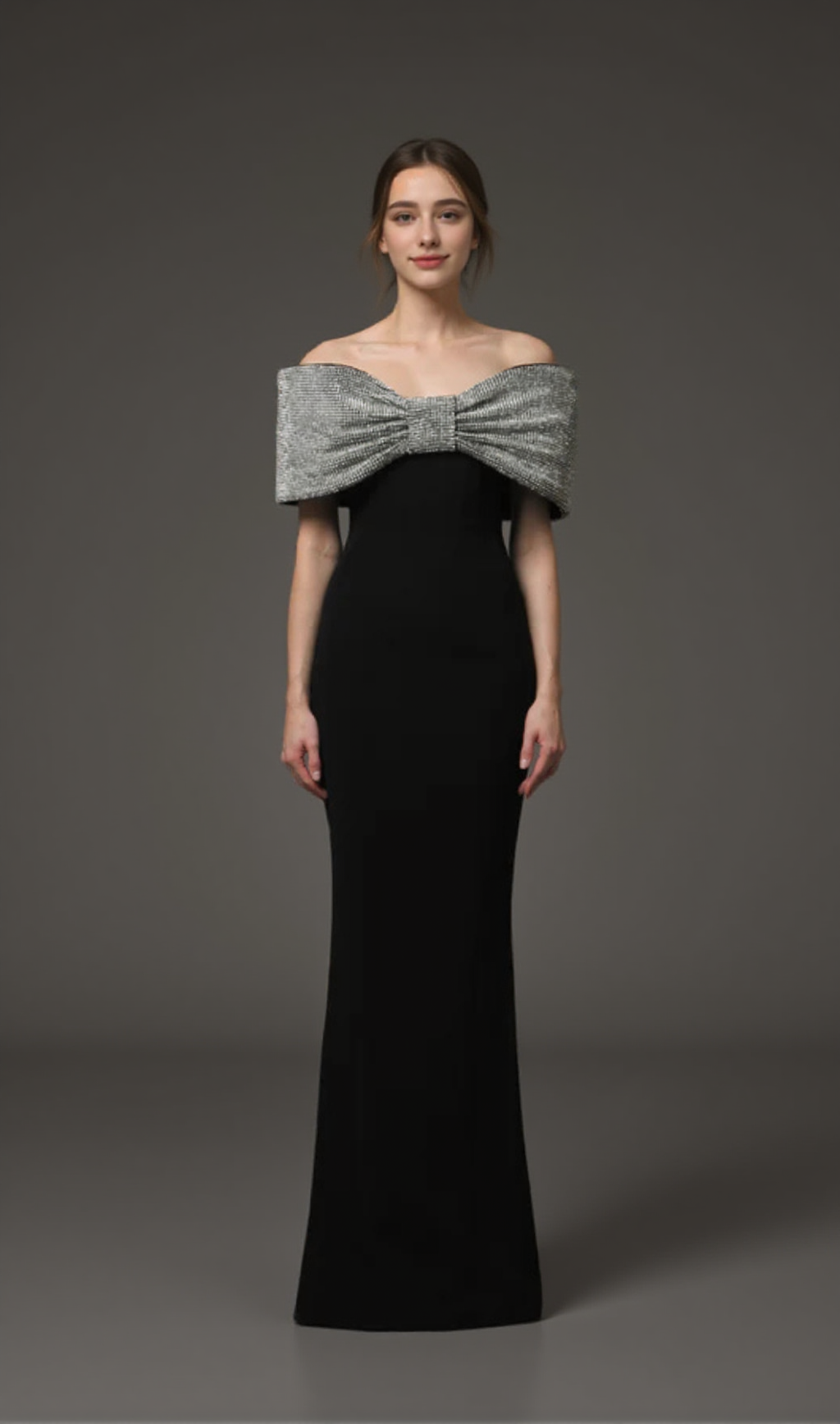 CRYSTAL BOW CRÊPE MAXI DRESS IN BLACK
