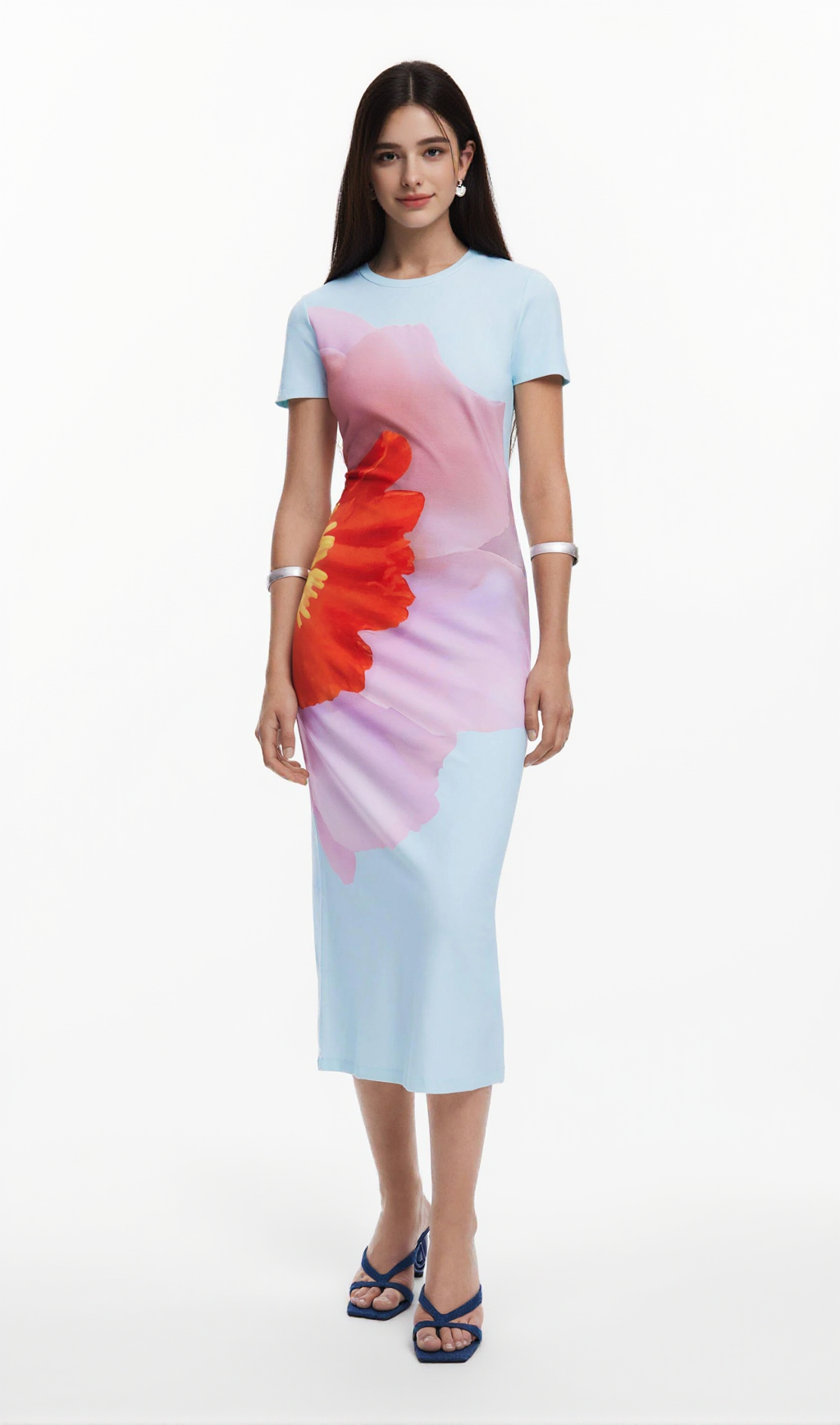 nancy floral print midi dress in blue