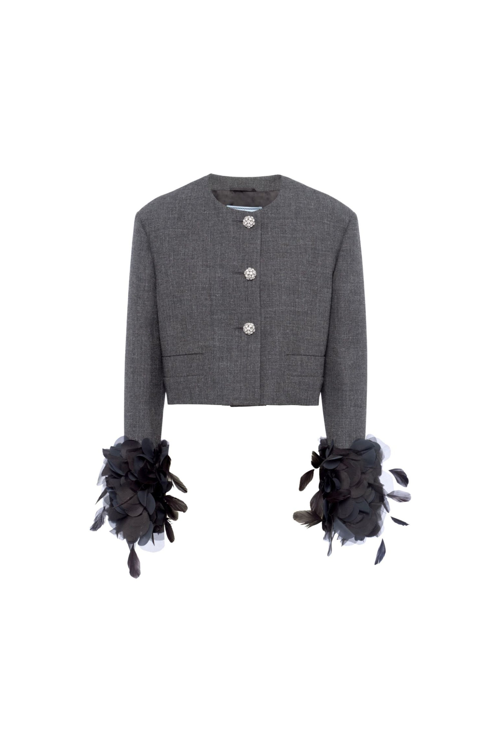 EINREIHIGE WOLLJACKE MIT FEDERNBESATZ