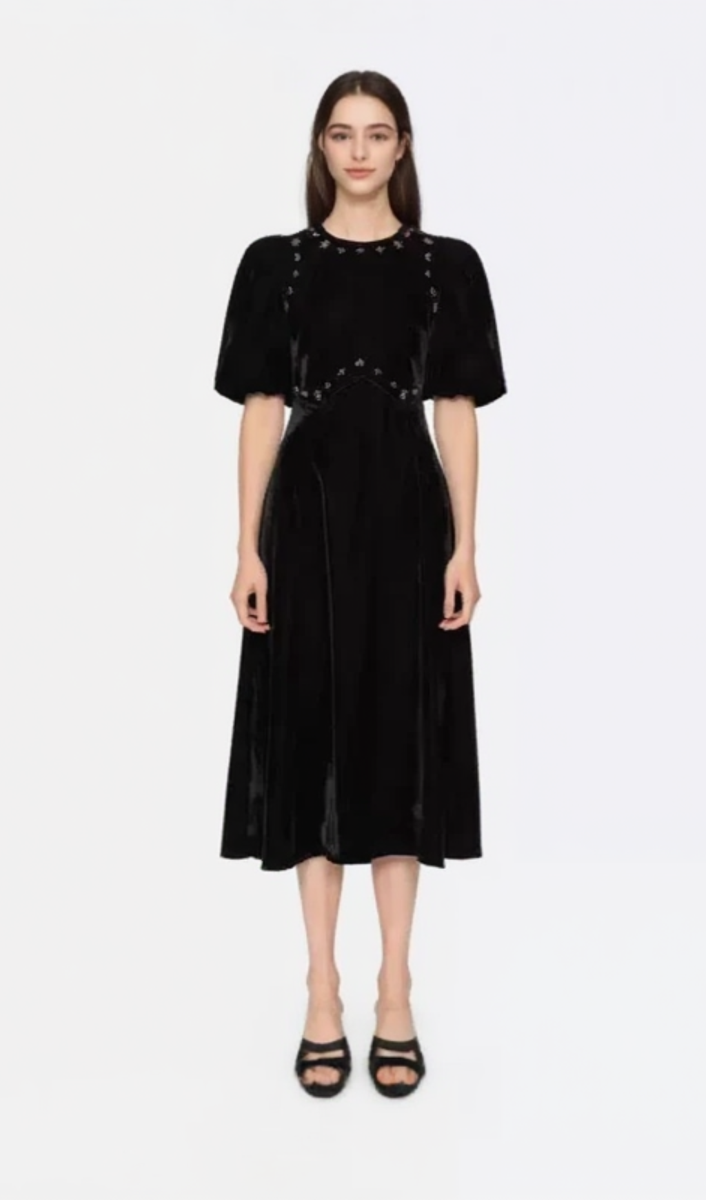 CRYSTAL EMBELLISHED PUFF MIDI DRESS IN BLACK