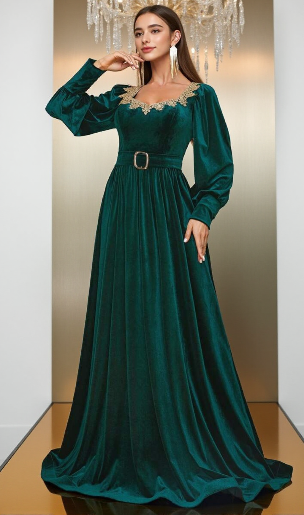 ATHENA VELVET LANTERN SLEEVE MAXI DRESS IN DARK GREEN