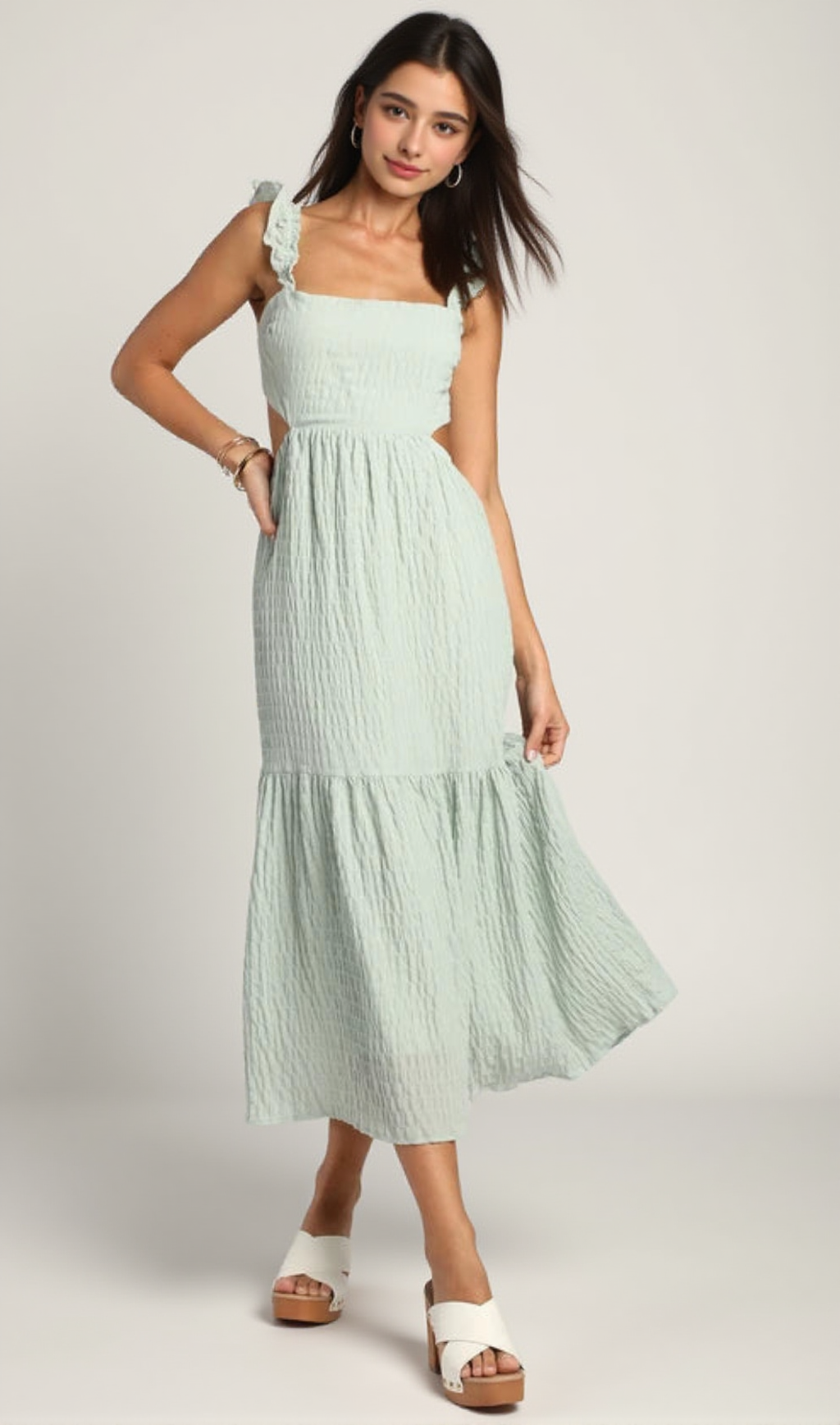 MINT SMOCKED TIE-BACK TIERED MIDI DRESS