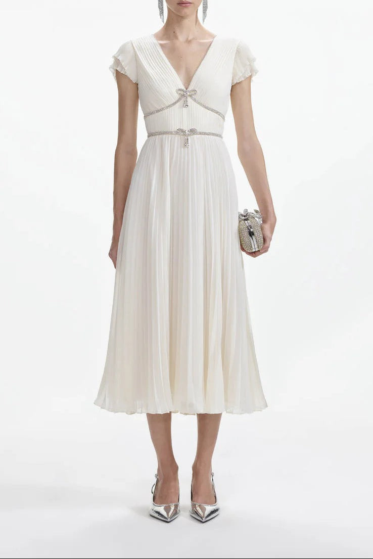 karen v-neck bow pleated chiffon midi dress - white
