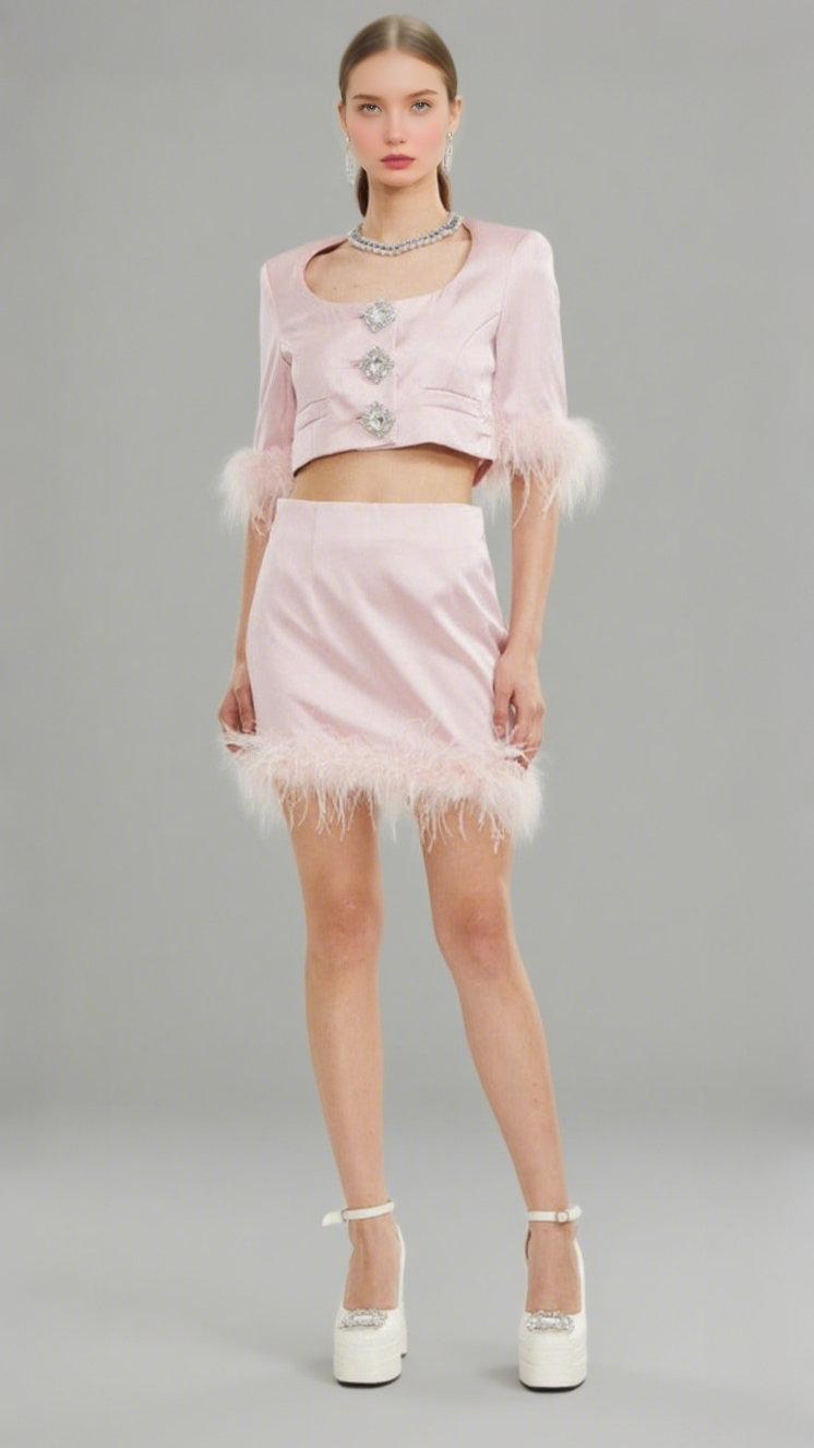 Flavia satin feather top & skirt matching set