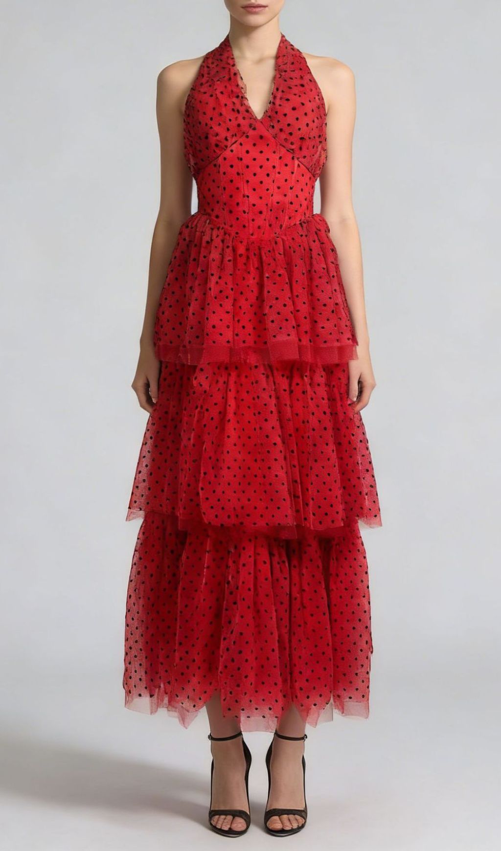 AIIZIE Janika Red Polka Dot Halter Tiered Maxi Dress - Bohemian Chic - product image