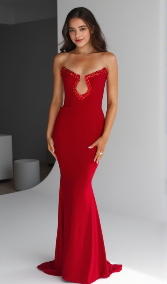 RED DIAMOND BANDAGE EVENING GOWN MAXI DRESS
