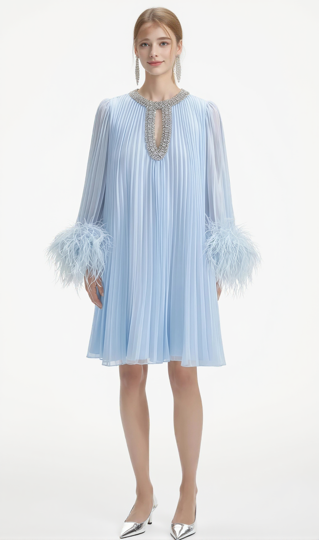 MANJA DIAMANTE CHIFFON FEATHER MINI DRESS - BLUE