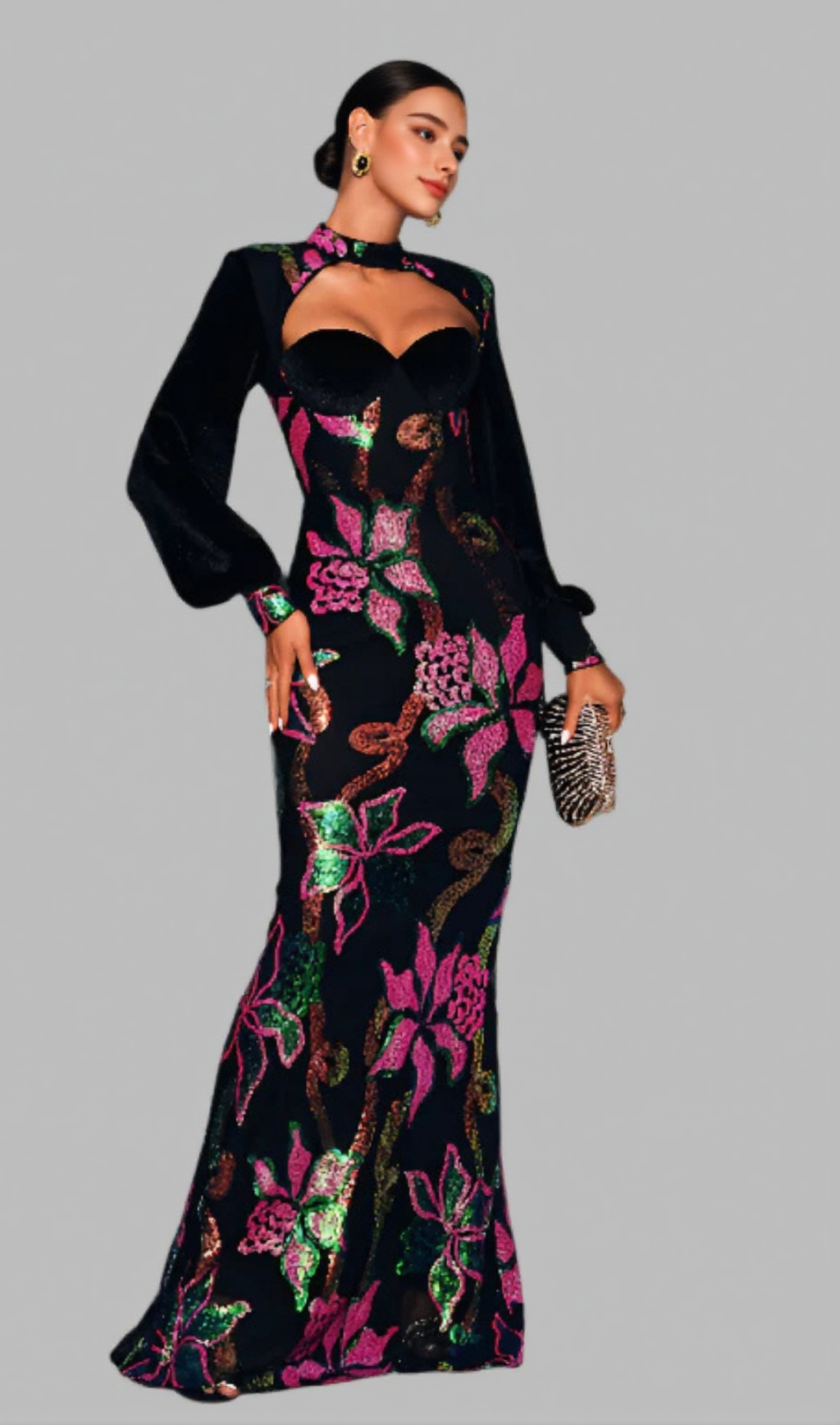 ATALANTA MULTICOLOR SEQUIN VELVET LANTERN SLEEVE MAXI DRESS