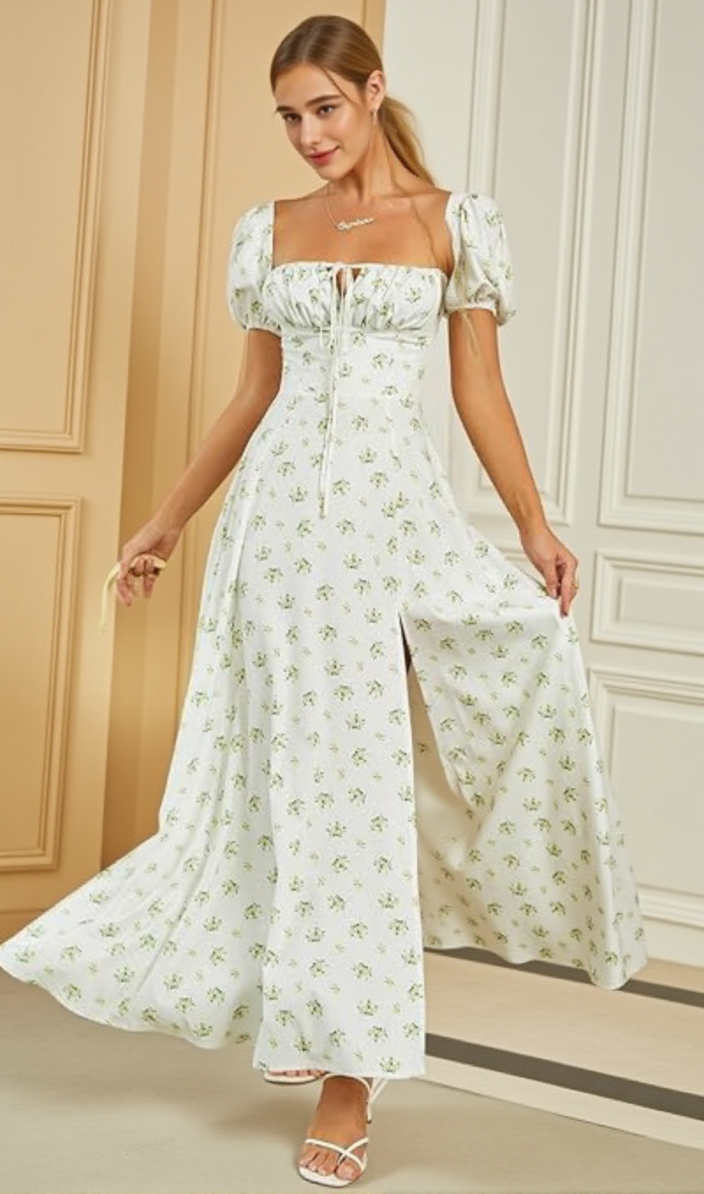 WEISSES MIDIKLEID MIT PUFFÄRMELN UND BLUMEN IM VINTAGE-STIL
