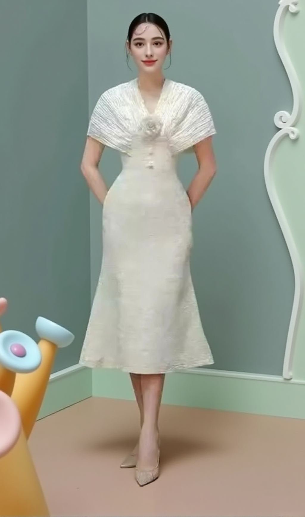 VENUS CHAMPAGNER-MIDIKLEID MIT HOCHTAILLIERTEN NÄHTEN UND FISCHSCHWANZ