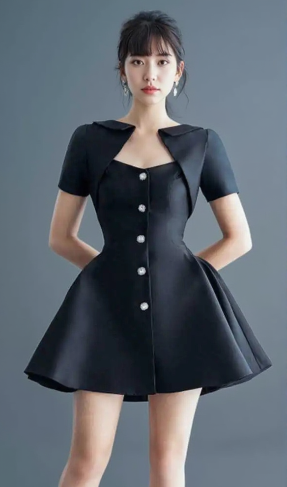 DIAMOND BUTTONED SATIN MINI DRESS IN BLACK