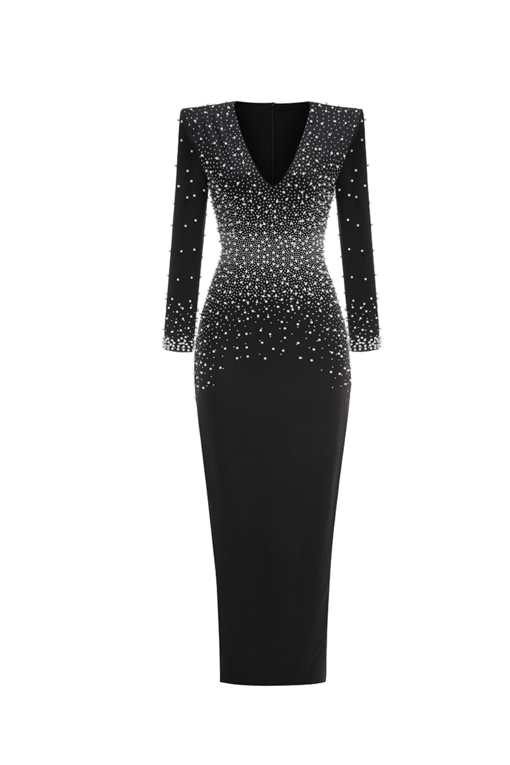 PEARL EMBELLISHED V-NECK MAXI DRESS IN BLACK