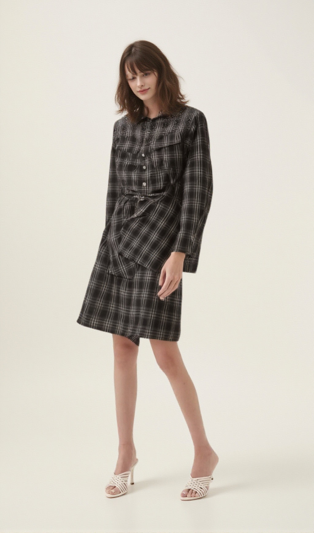 JEANNETTE BLACK STUDDED CHECK MINI SHIRT DRESS