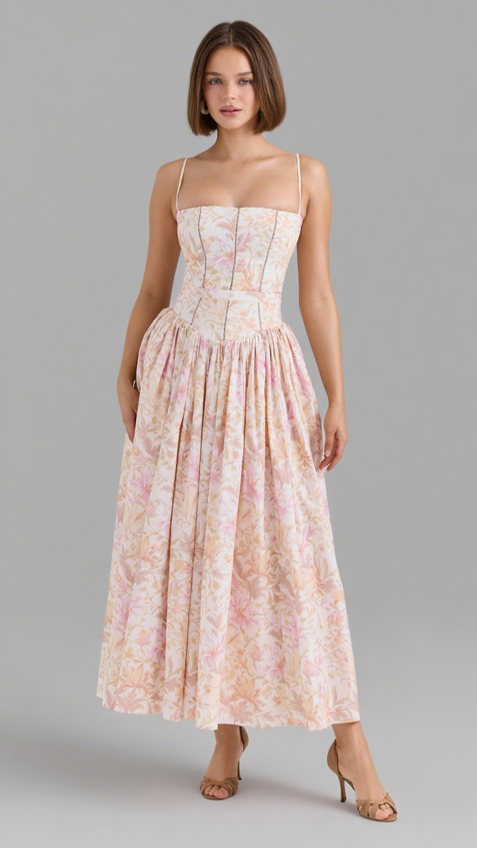 PEACH FLORAL STRETCH COTTON MIDI DRESS