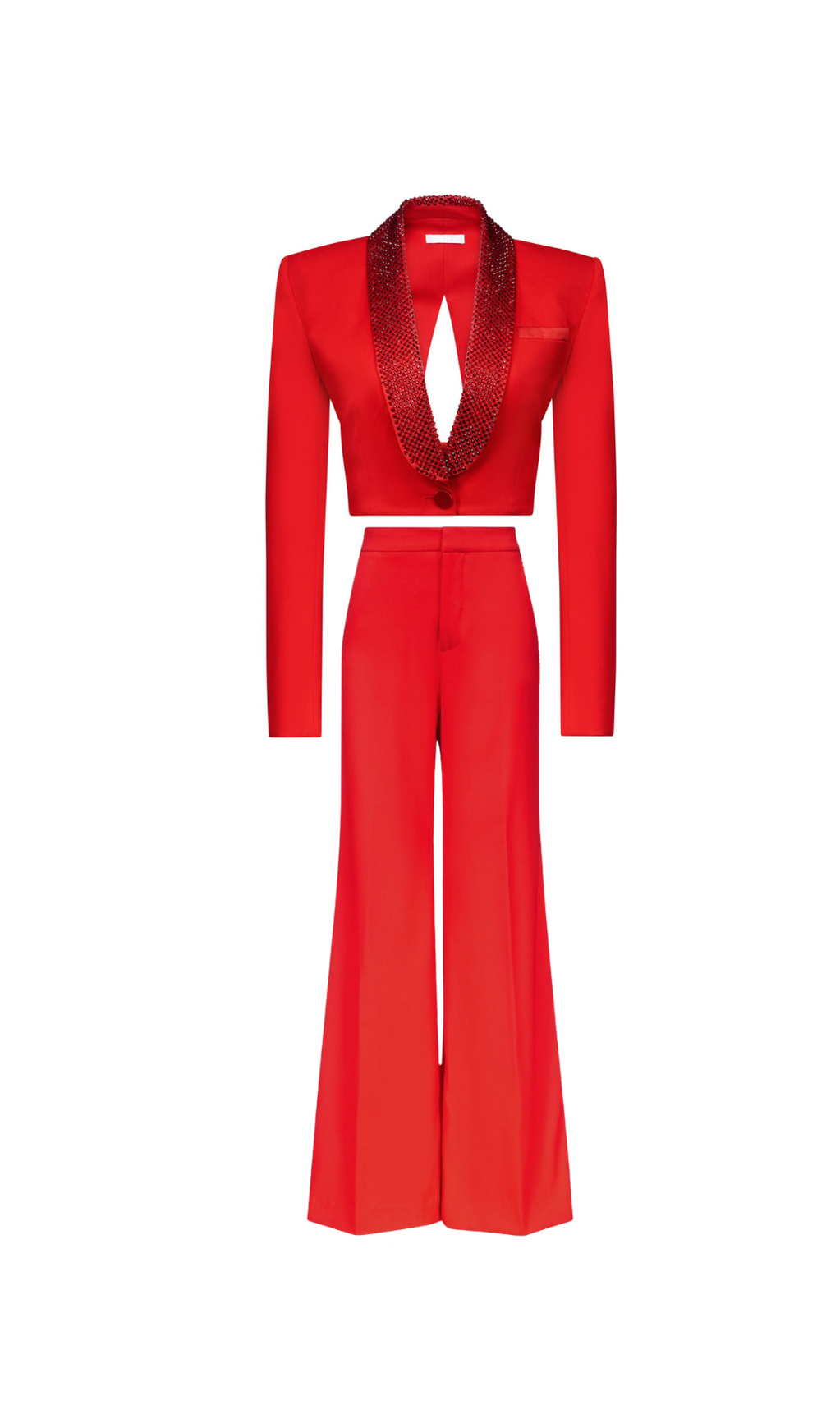 CRYSTAL-EMBELLISHED RED CROPPED BLAZER SET