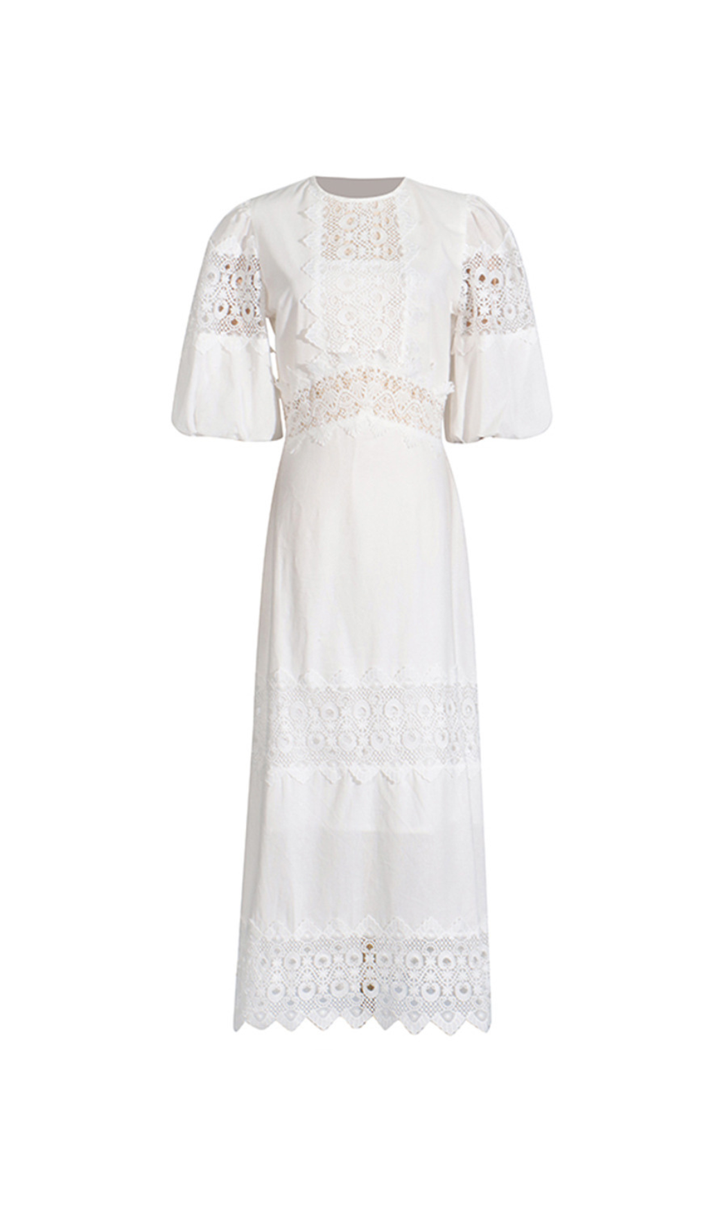 HAZEL WHITE EMBROIDERED ROUND NECK PUFF SLEEVE MIDI DRESS