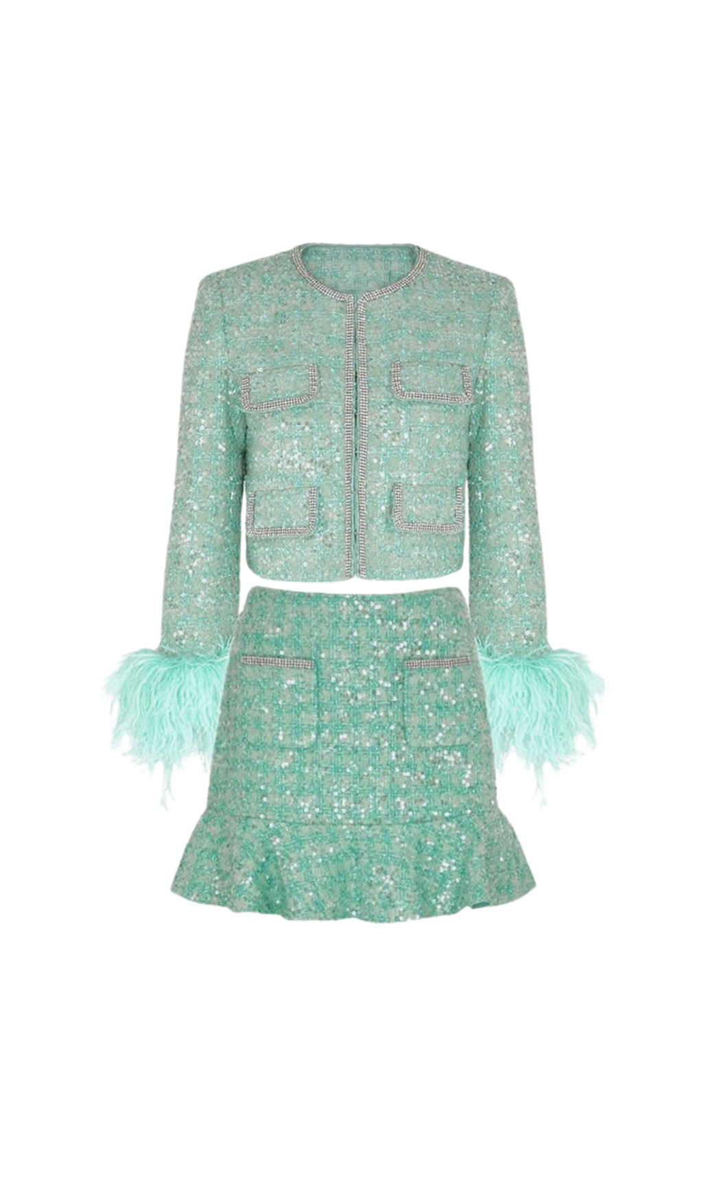 STEPHANIE BOUCLE FEATHER JACKET SUIT IN GREEN