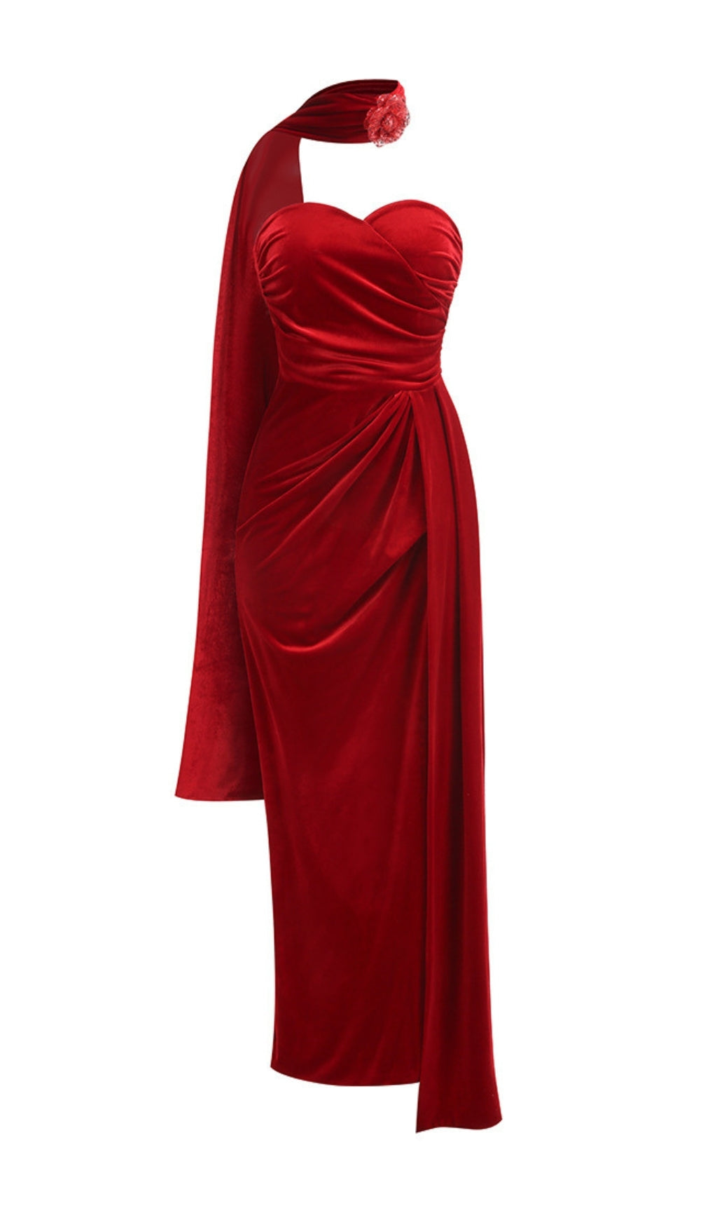 ENYE VELVET FLOWER MAXI DRESS IN RED