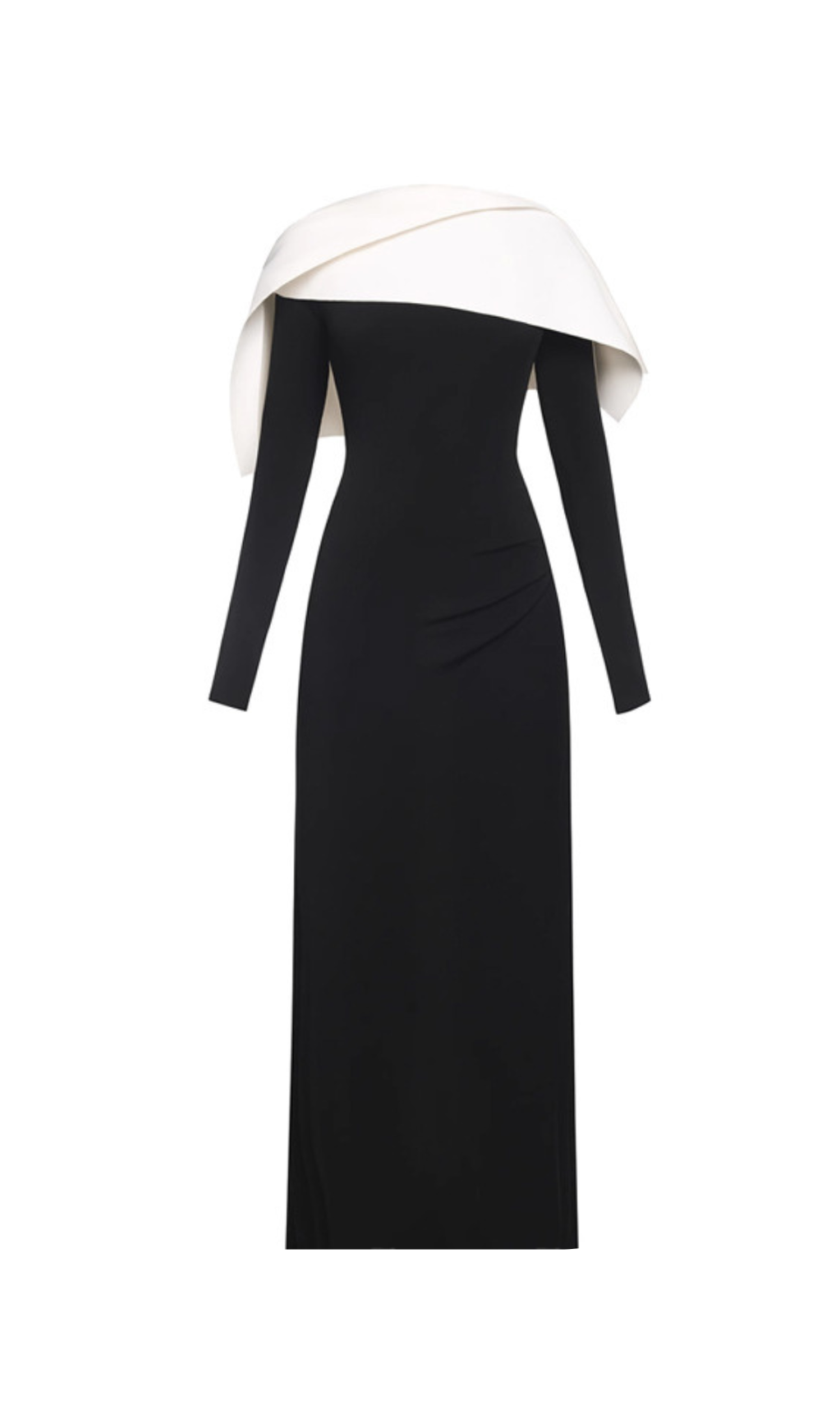 BLACK MAXI DRESS WITH DRAPED ASYMMETRICAL SHOULDER PLEAT