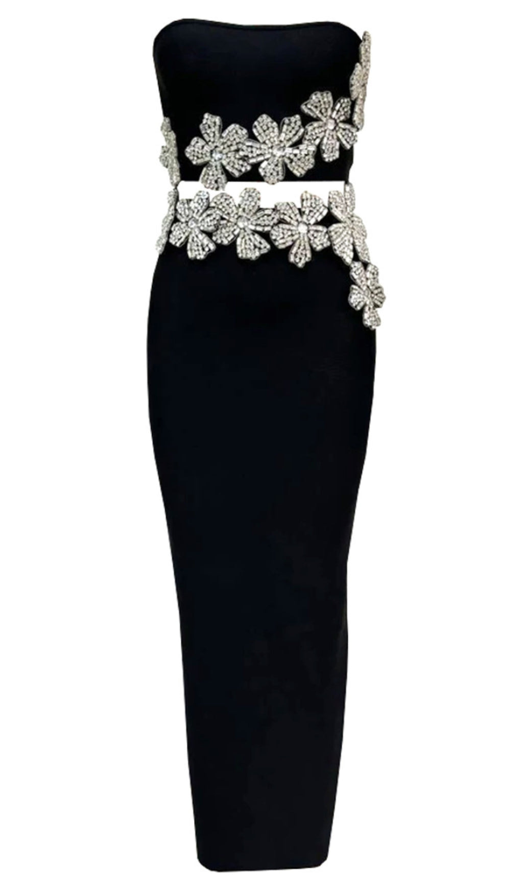 Trägerloses, zweiteiliges Maxikleid mit Kristallblumenmuster in Schwarz