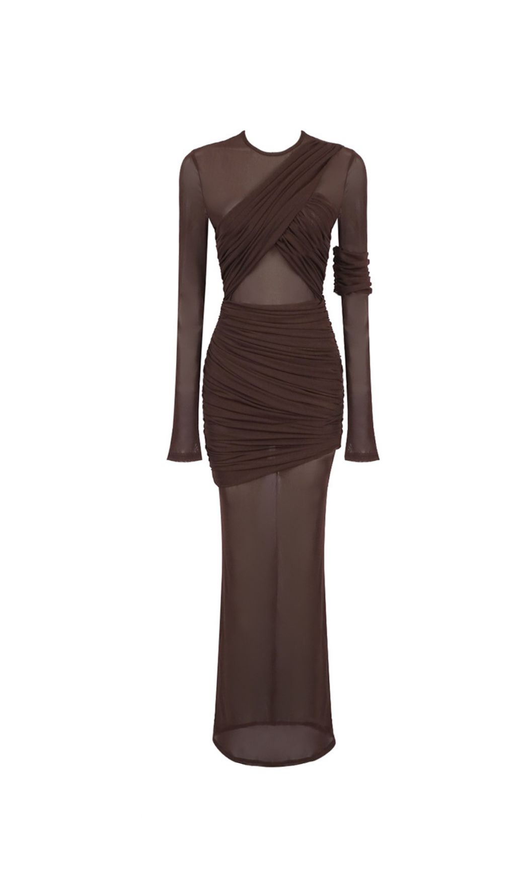LONG SLEEVE MESH INSERT DRAPED MAXI DRESS