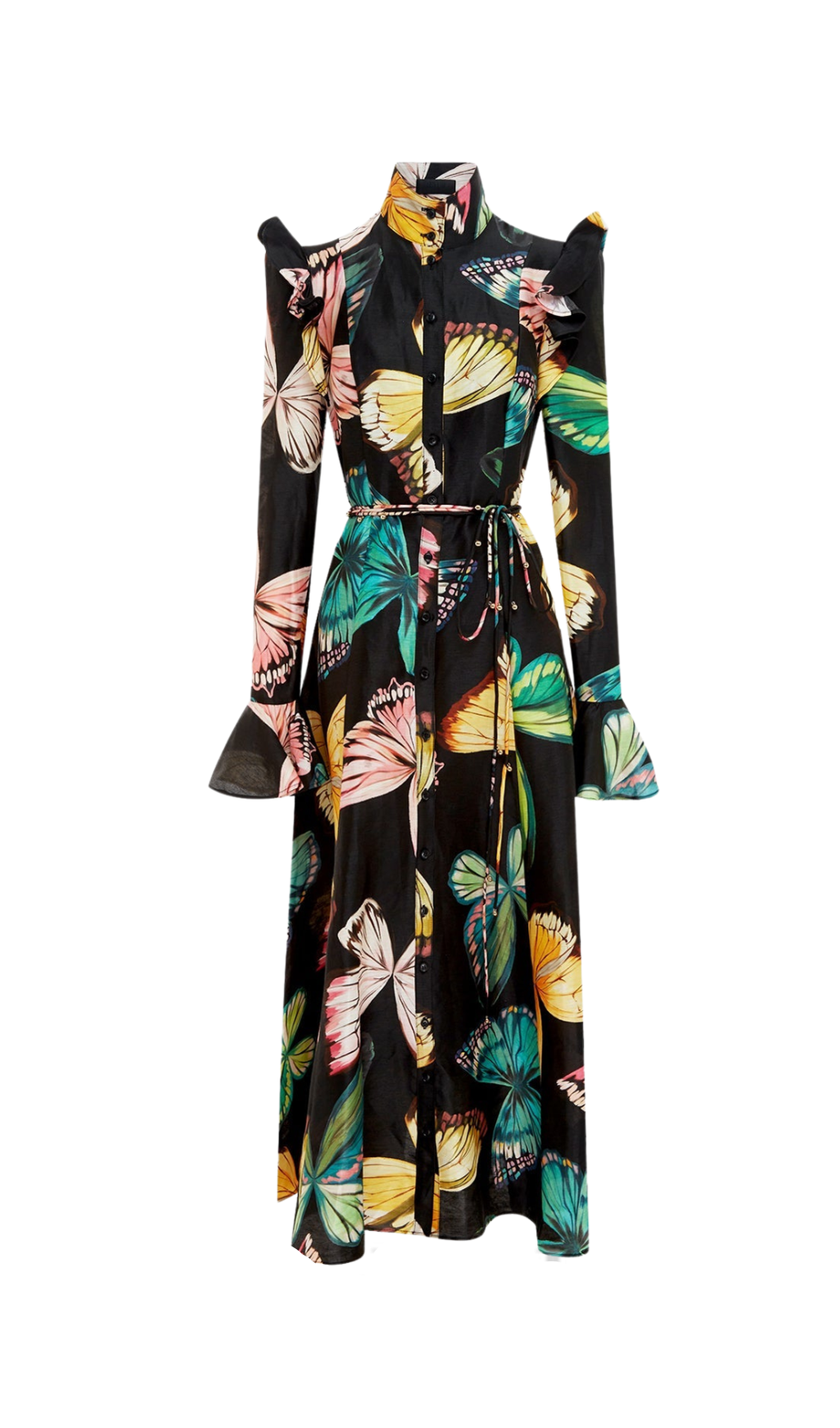 MIDIKLEID MIT SCHMETTERLINGSÄRMELN UND PAPILLON-PRINT IN SCHWARZ