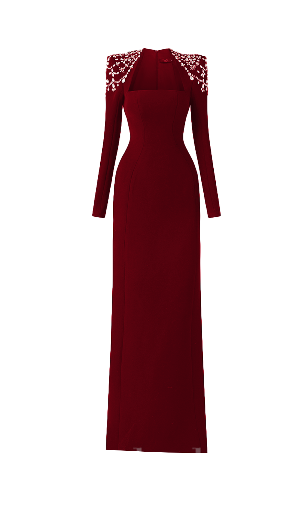 LONG SLEEVE TRAPEZOID NECKLINE BODYCON  MAXI DRESS IN RED