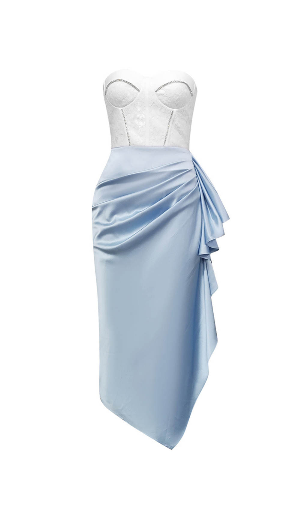 ADORA WEISS-BLAUES MIDIKLEID MIT DRAPIERTEM BUSTIER AUS SPITZE