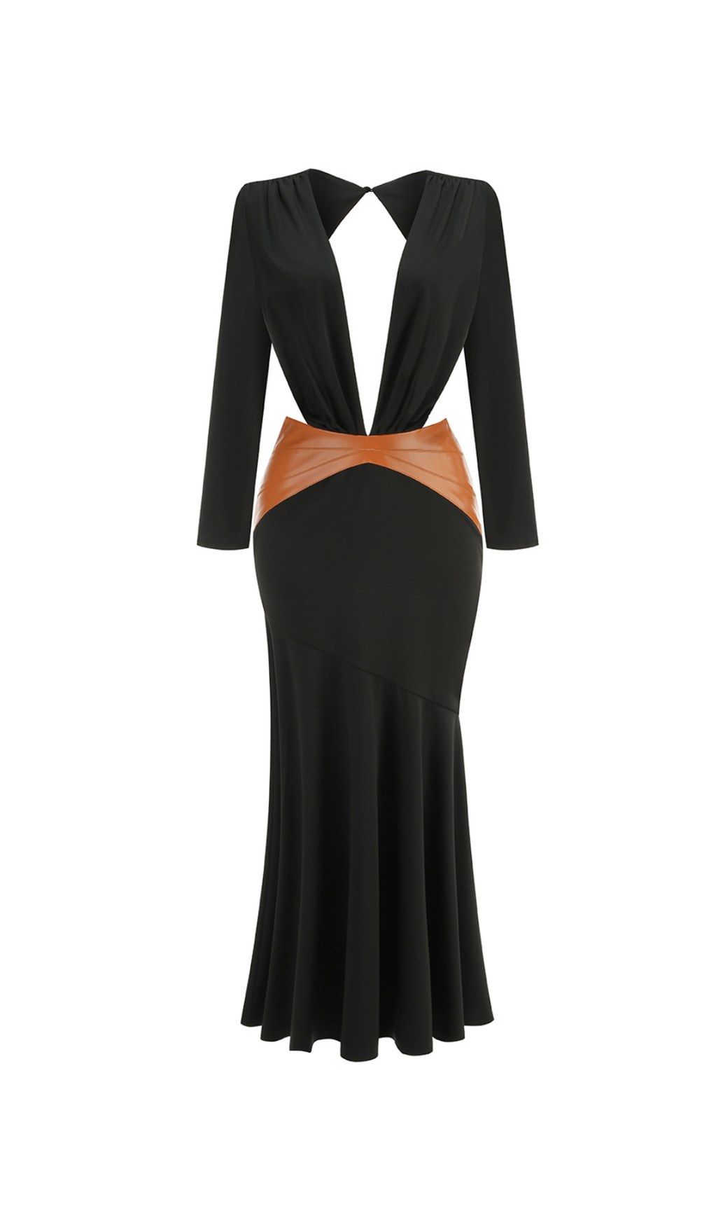 ASHLEY BLACK MAXI DRESS WITH OPEN BACK AND LEATHER PANE