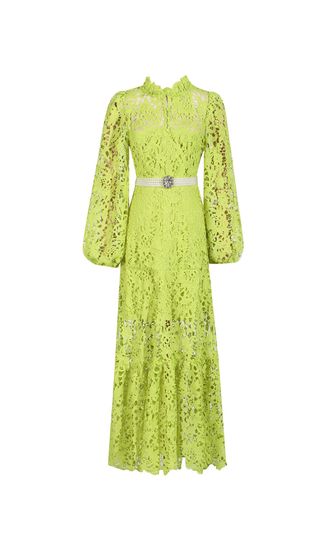 TARA GREEN LACE EMBROIDERED LONG SLEEVE MIDI DRESS