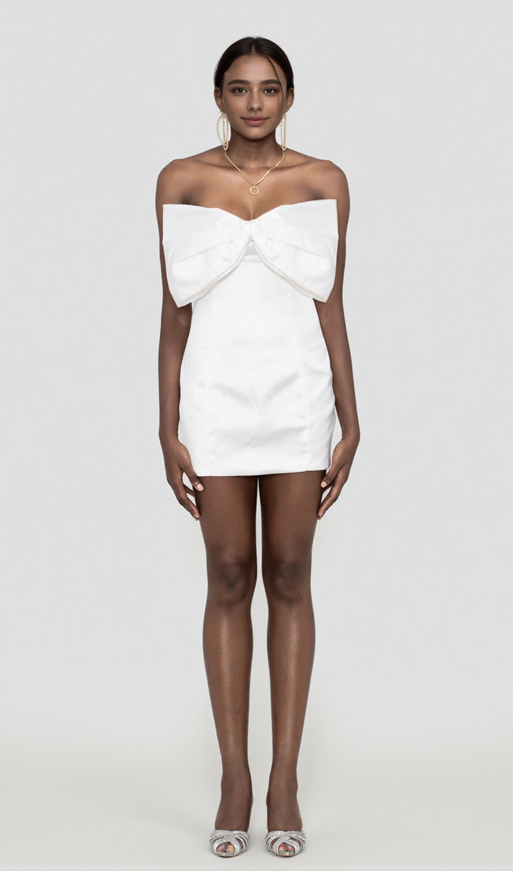 SATIN CRYSTAL EMBELLISHED BOW DRESS IN WHITE