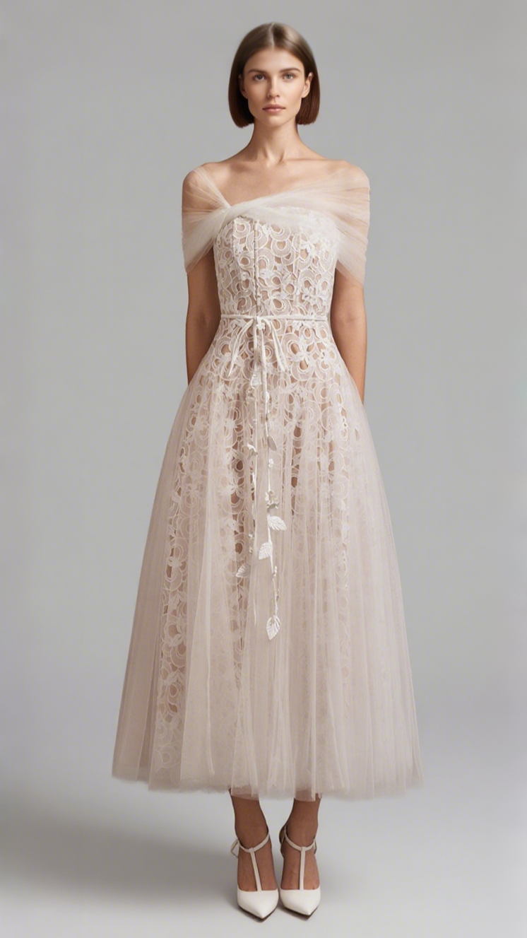 MIUA GORED GATHERED LACE MIDI DRESS IN WHITE