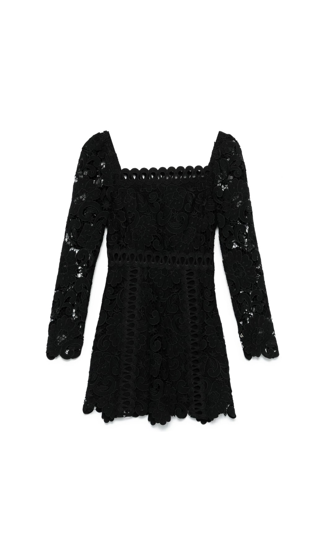 FLORAL-MOTIF HOLLOW LACE MINI DRESS IN BLACK