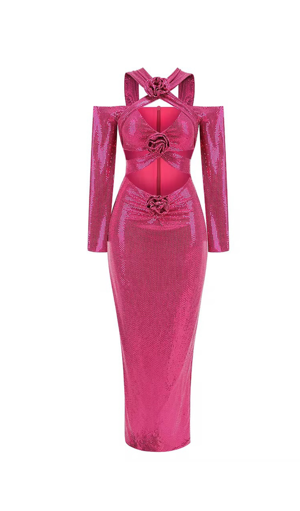 ALVA LOWEN FLOWER CUTOUT SEQUIN MAXI DRESS IN ROSE PINK