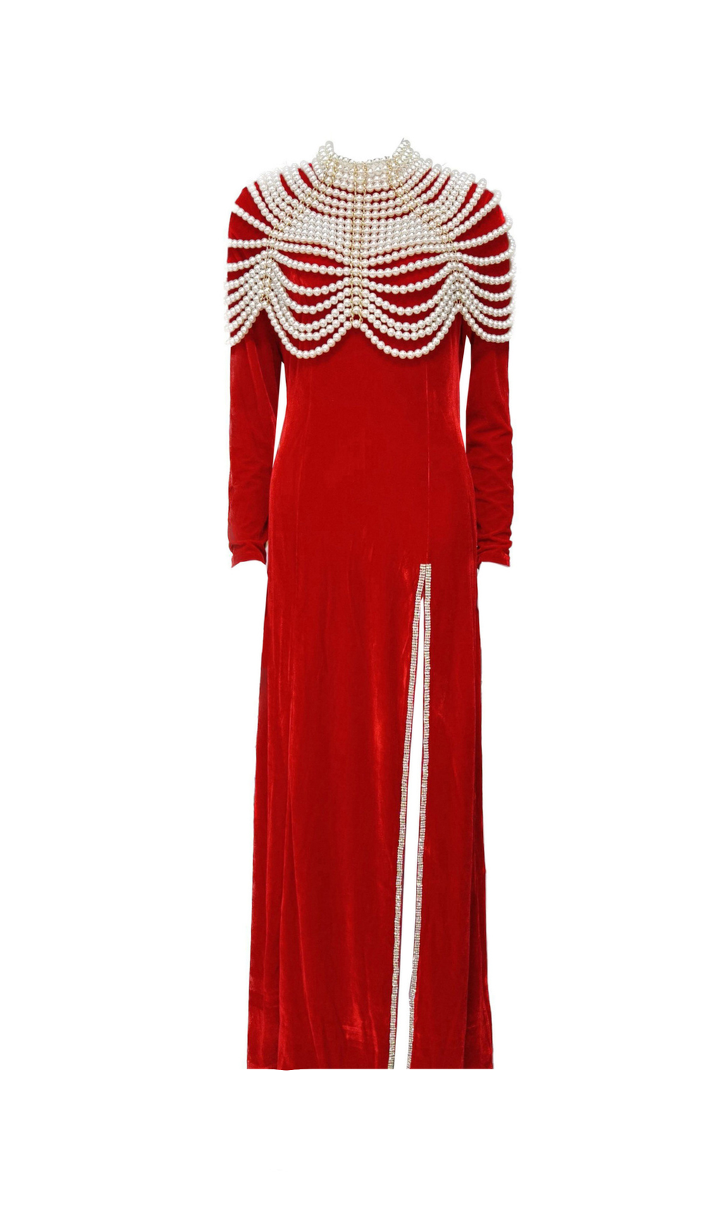 AALIYAH PEARL EMBELLISHED VELVET MAXI DRESS IN RED