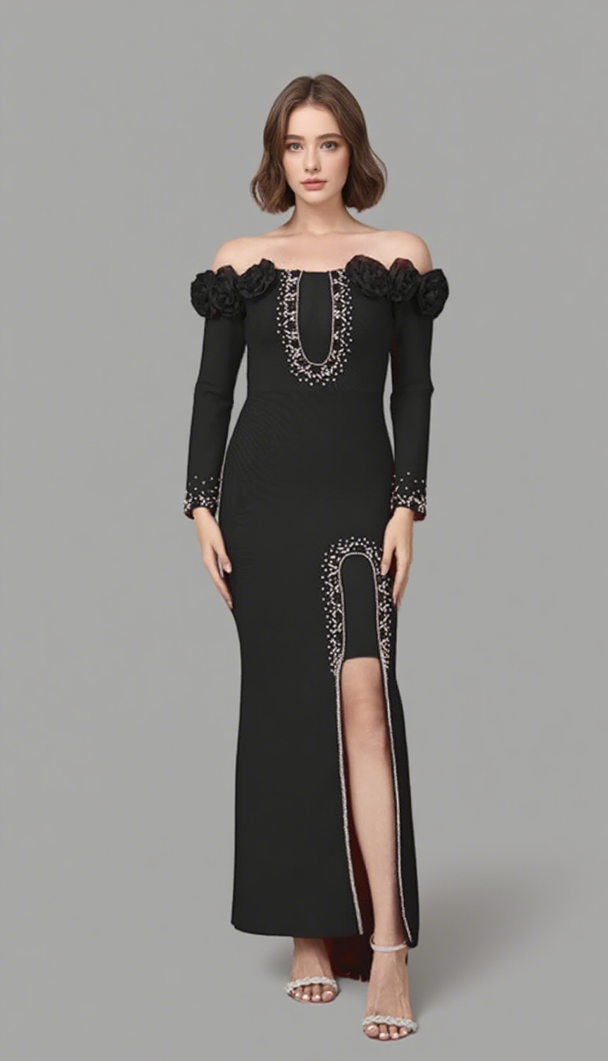 OFF SHOULDER FLORAL TRIM RHINESTONE - EMBELLISHED GOWN IN BLACK