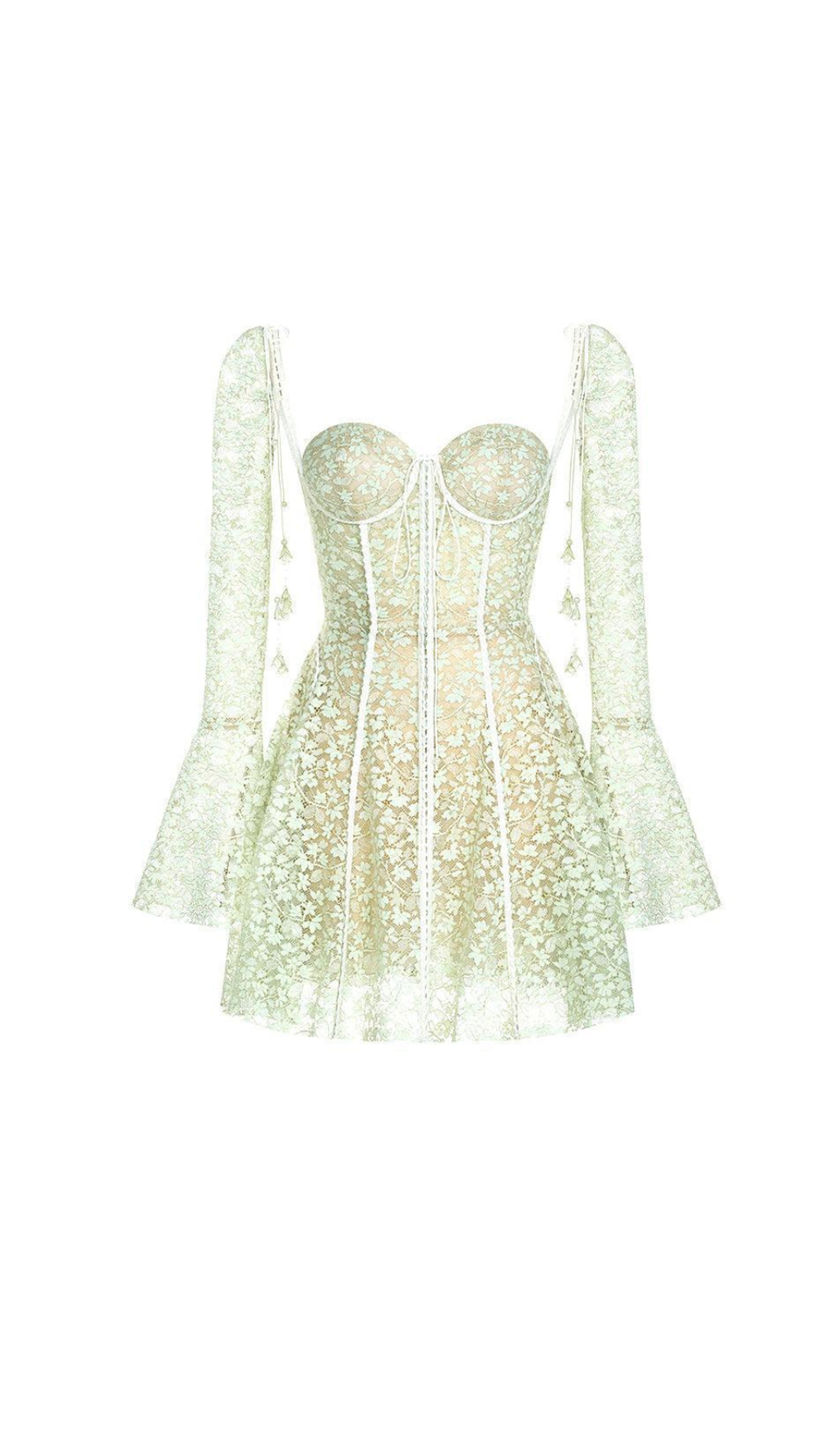 TERESA MINIKLEID MIT TROMPETENÄRMELN UND SPITZENSTICKEREI IN GRÜN