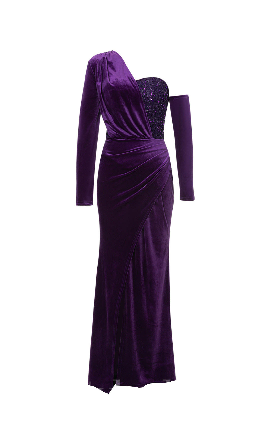 ONE SHOULDER SEQUIN-EMBELLISHED VELVET MAXI DRESS IN PURPLE
