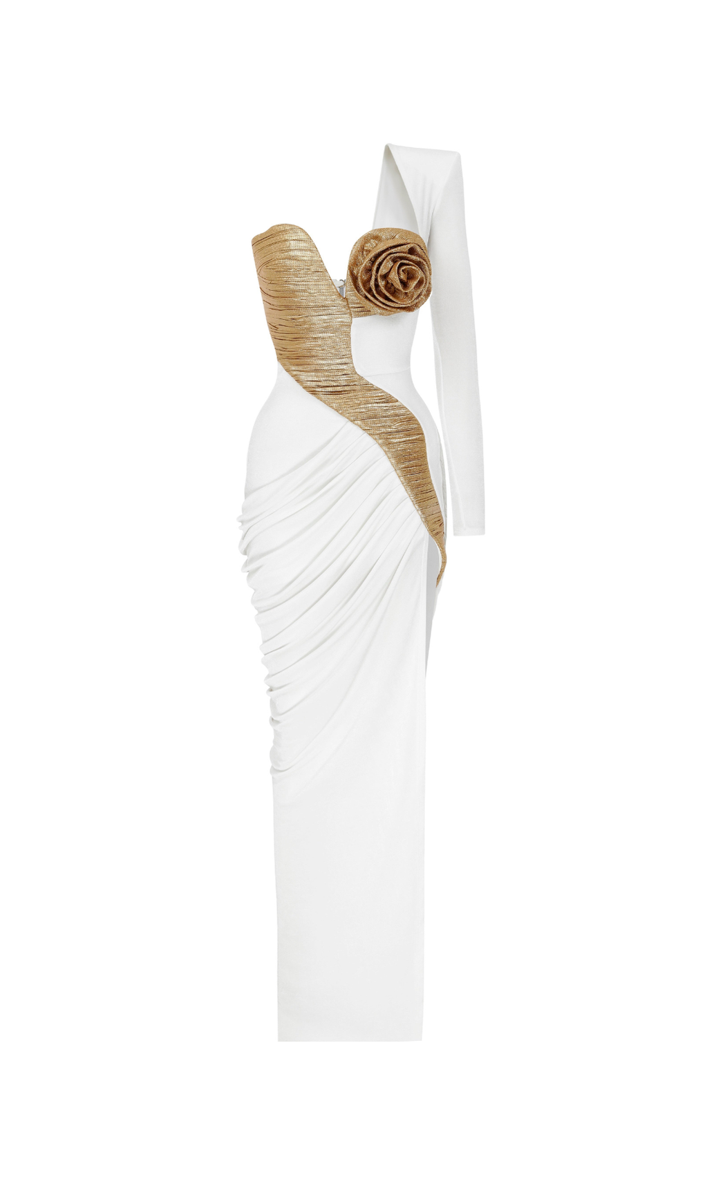 ROSE DETAILS HIGH SUT MAXI DRESS IN GOLD WHITE